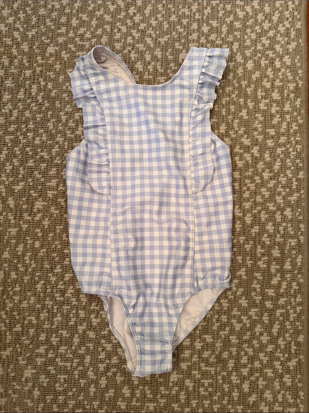 Minnow Swim Light Blue Gingham Ruffle One-Piece bathing suit